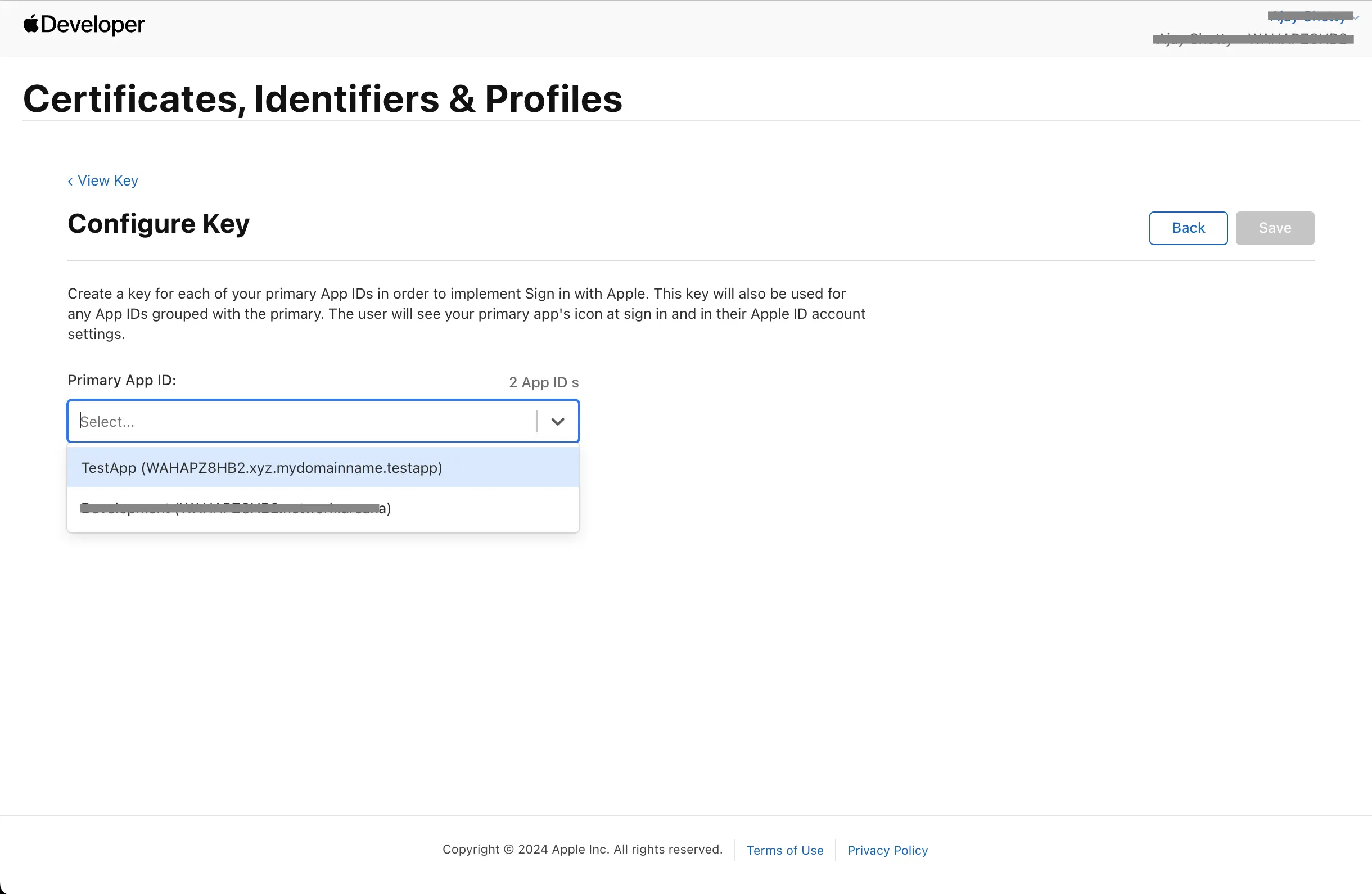 Apple Dev: Key AppId