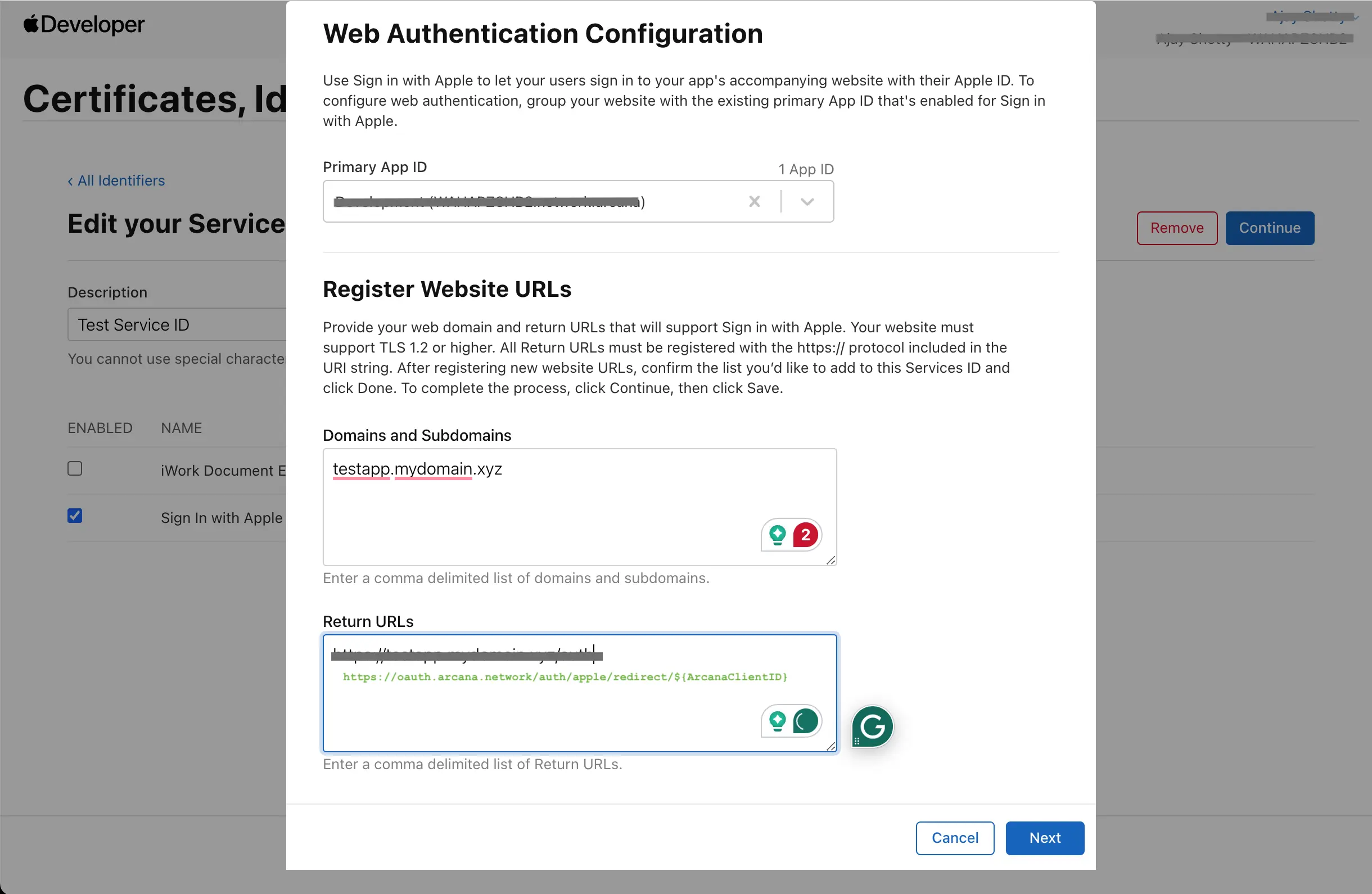 Apple Dev: Return URL (Use Arcana Redirect URI)