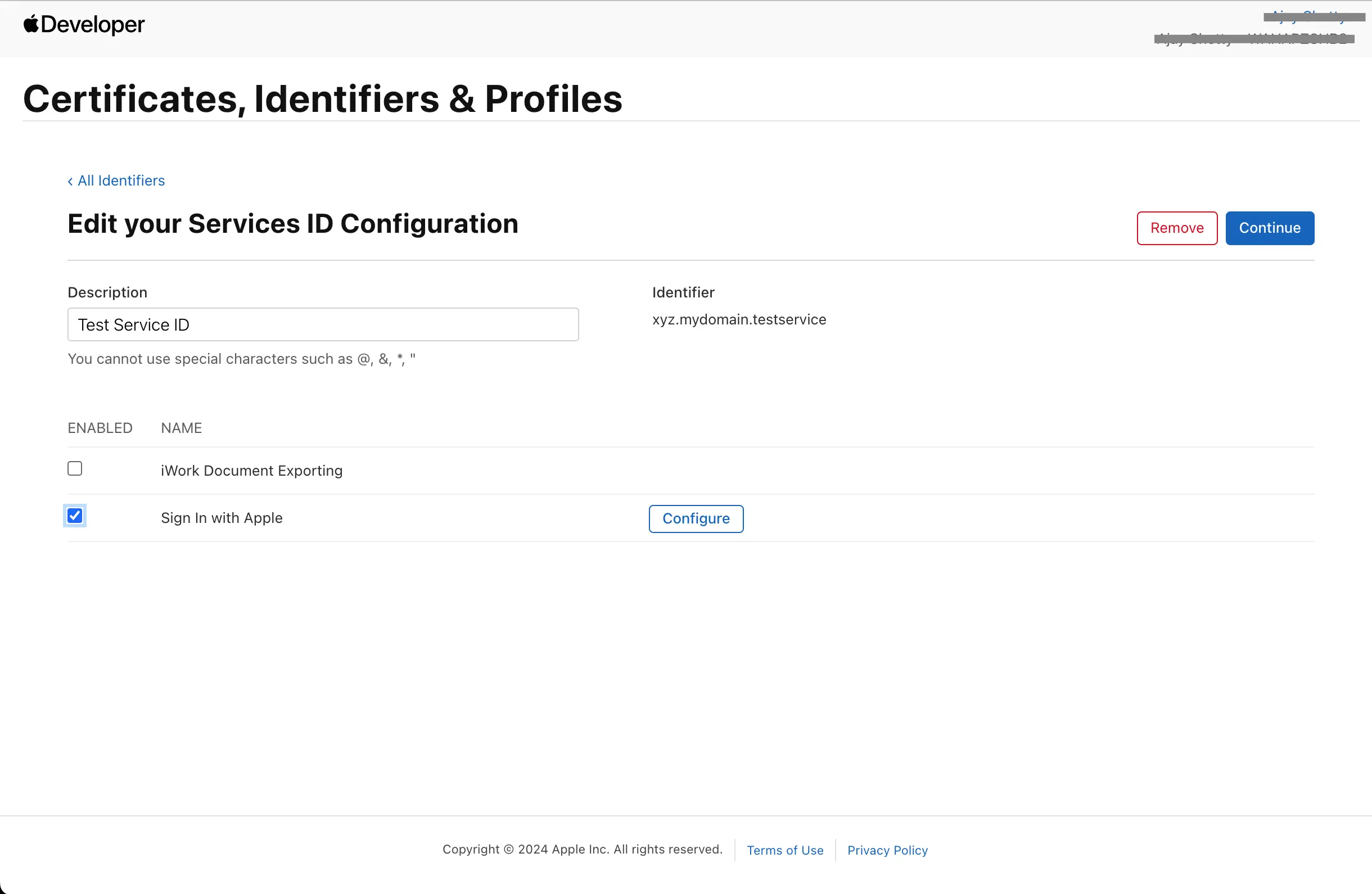 Apple Dev: Service Id