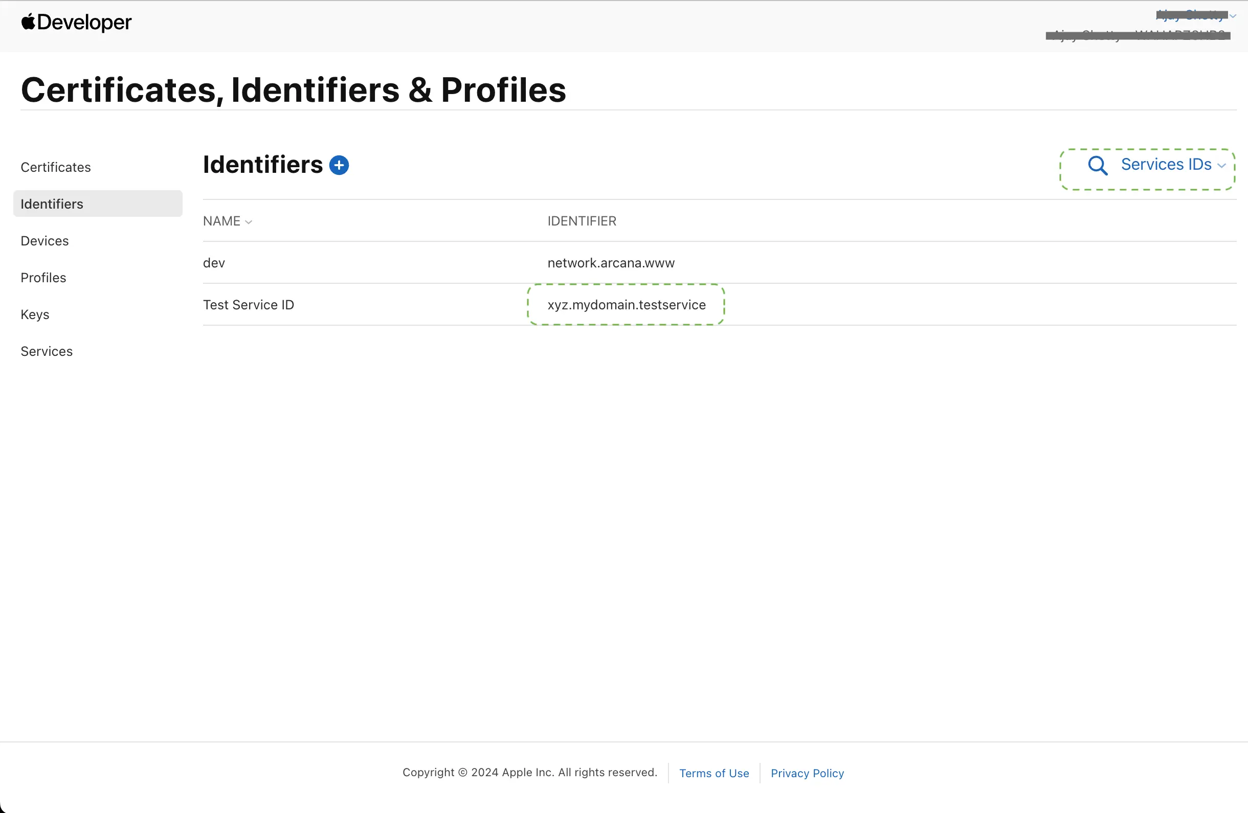 Apple Dev: Service Identifier