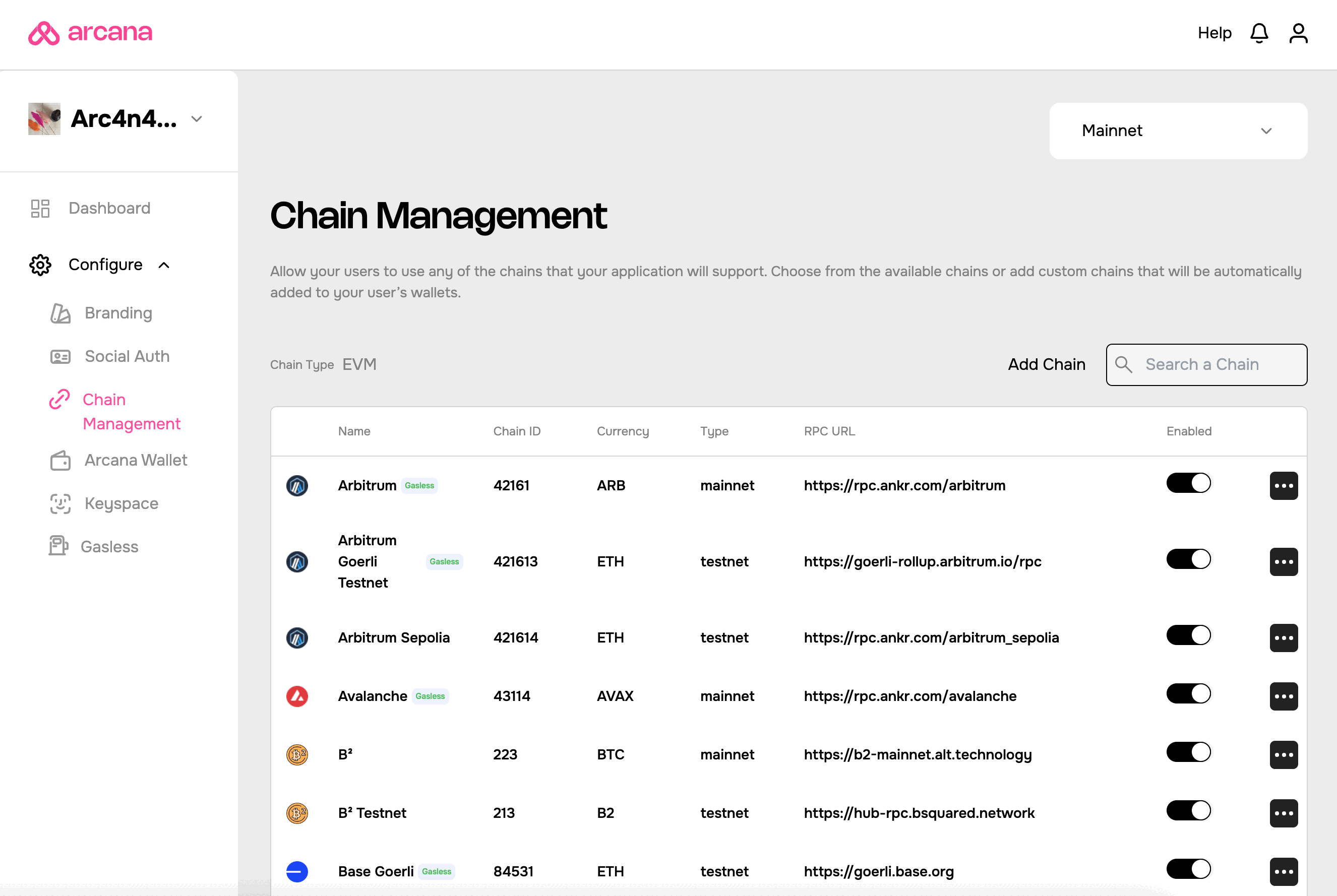 Pre-configured EVM chains