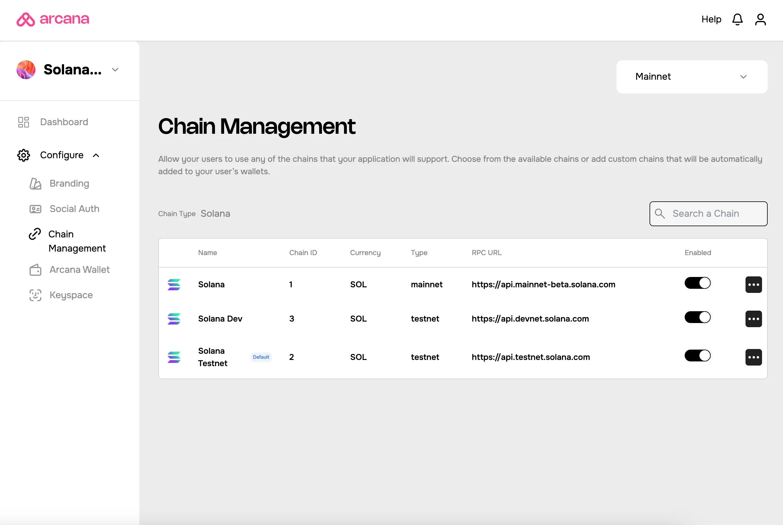 Solana Pre-configured Chains