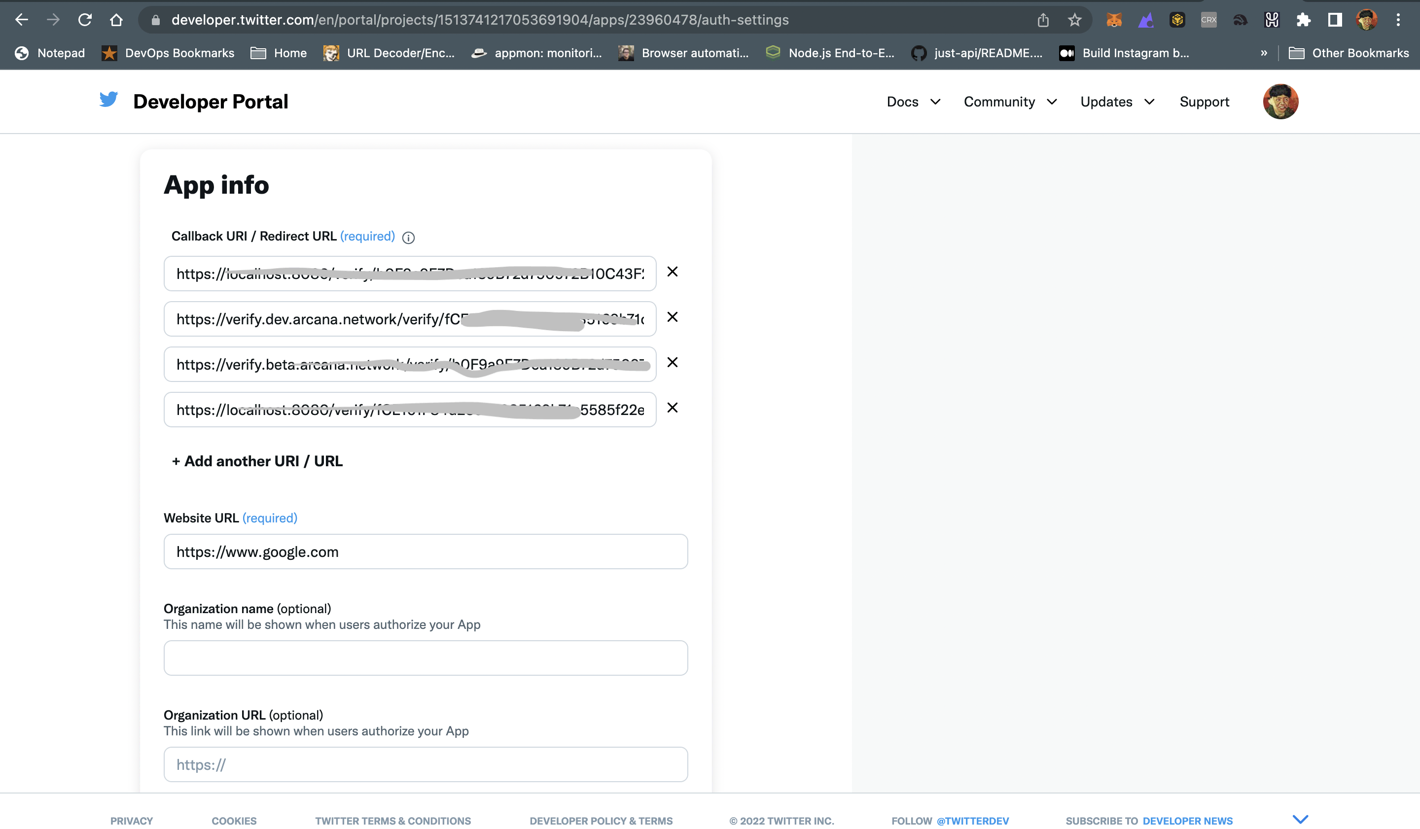 Set Twitter App Callback URL